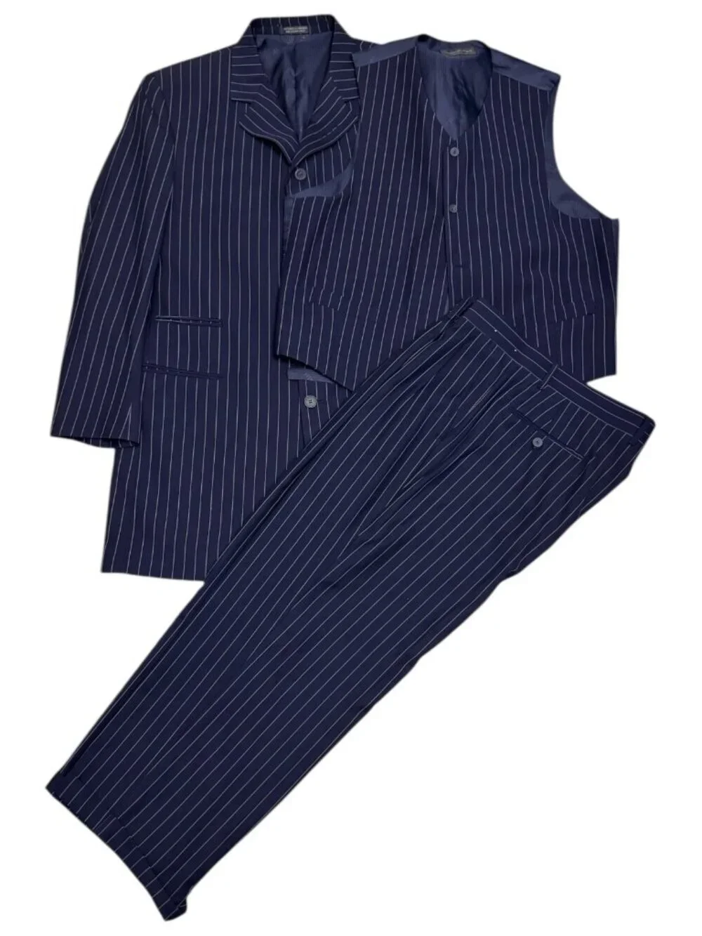 VITTORIO ST ANGELO Pinstripe Luxury Designer 3-Piece Blue Business Suit Mens 44R
